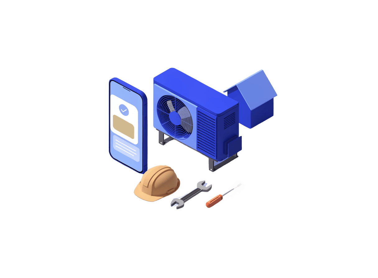 Illustration : pompe à chaleur, devis sur smartphone, casque de chantier et outils