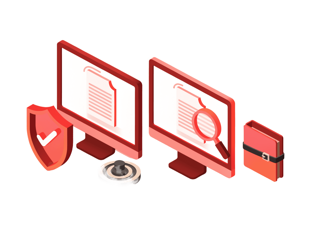 Illustration : double écran d'instruction de dossier avec bouclier de validation et loupe